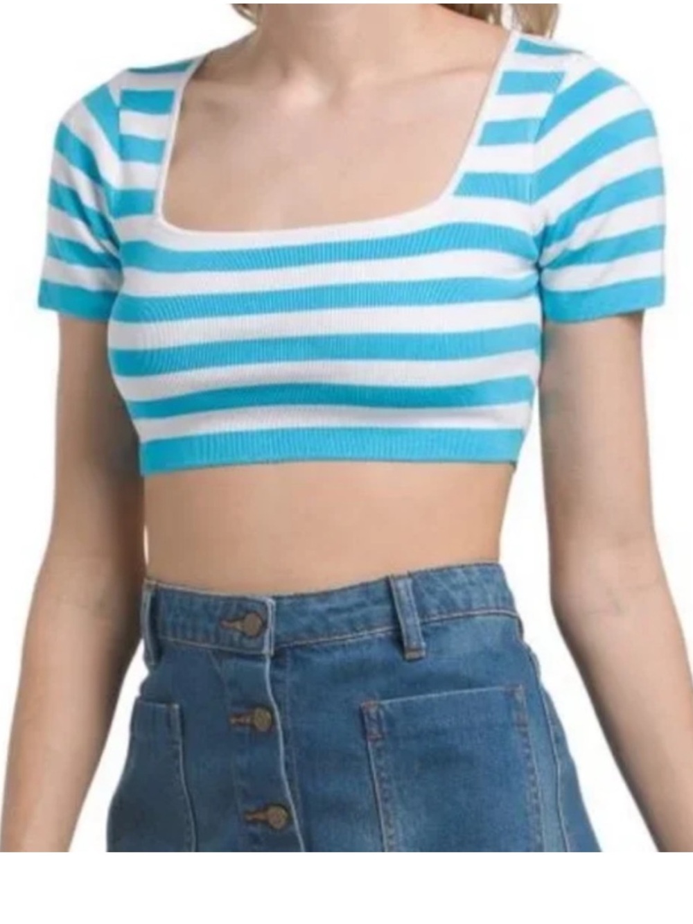 ZARA Cropped Knit Ribbed Top Blue White Stripes Stretchy Square Neck Size Small
